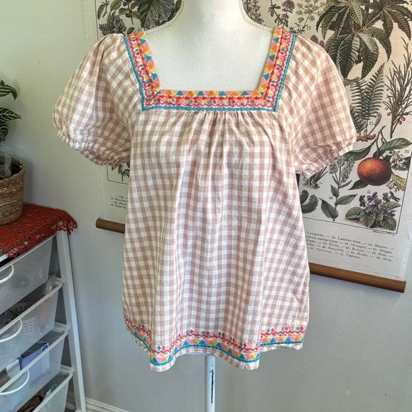Savanna Jane Beige Gingham Embroidered Square-Neck Women's Top Medium - Picture 1 of 7